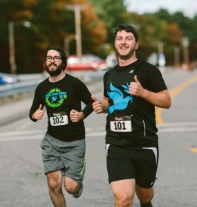 Running in the Memorial 5K with my brother Steve (left)